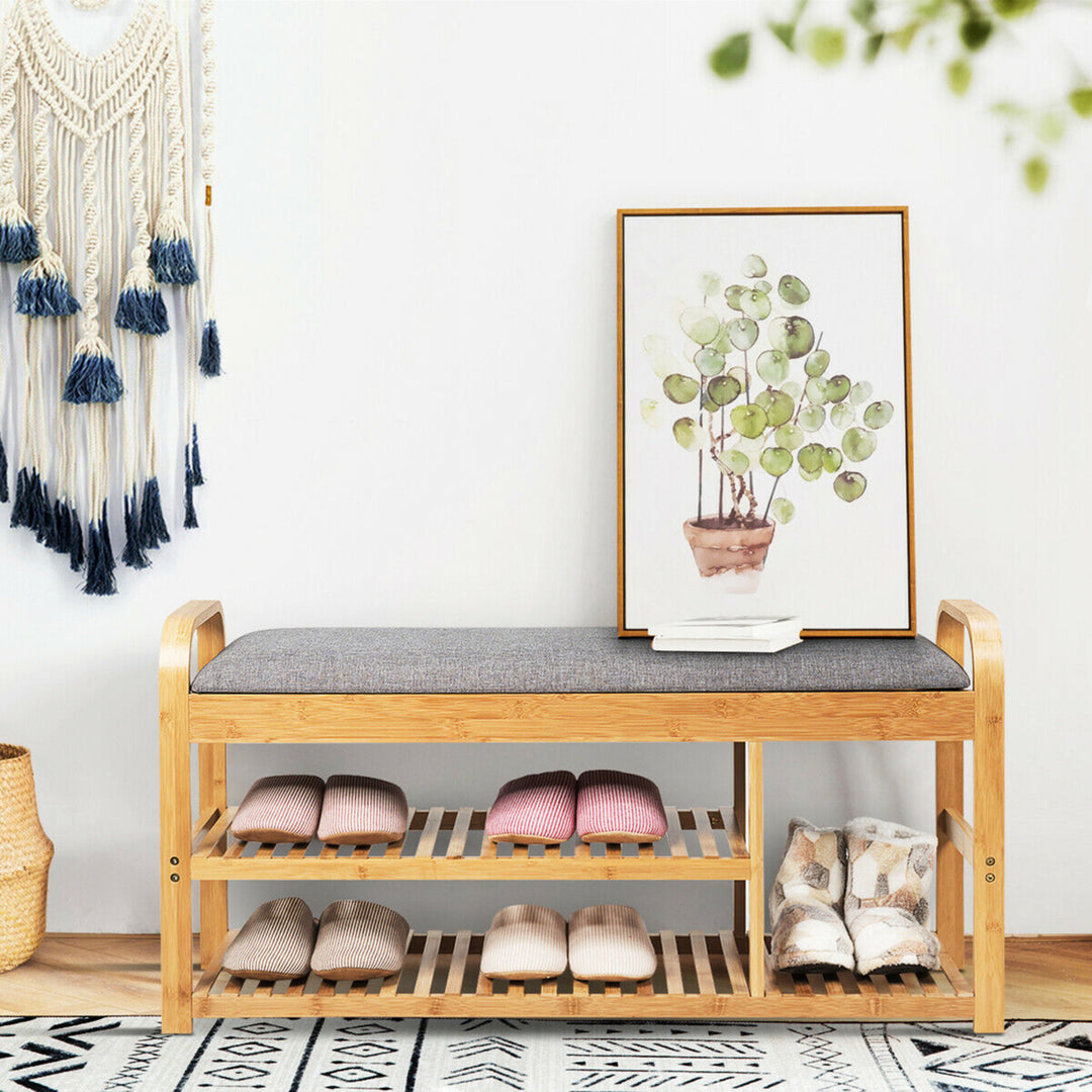 Shoe Rack Entryway 3-Tier Bamboo Shoe Bench Organizer W/Cushion Modern Stool Image 3