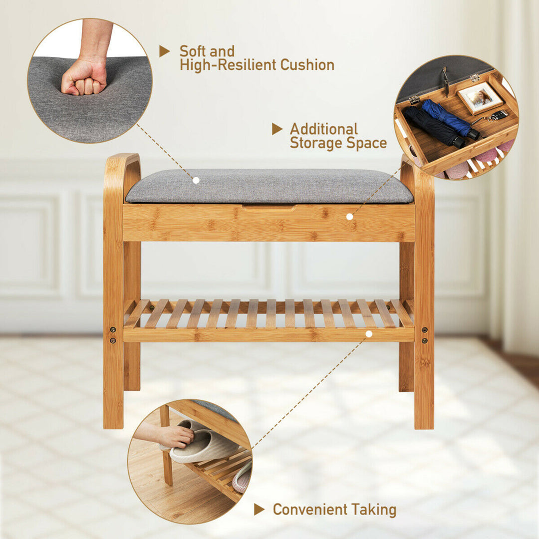 Shoe Rack Bench Bamboo W/Cushioned SeatandStorage Shelf Padded Seat Shoe Bench Image 7