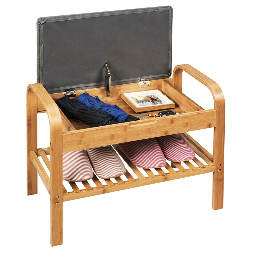 Shoe Rack Bench Bamboo W/Cushioned SeatandStorage Shelf Padded Seat Shoe Bench Image 9