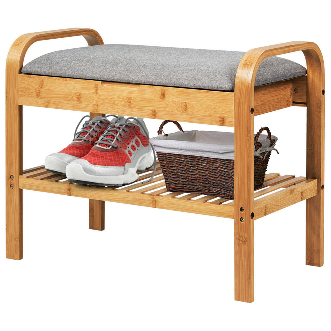 Shoe Rack Bench Bamboo W/Cushioned SeatandStorage Shelf Padded Seat Shoe Bench Image 10