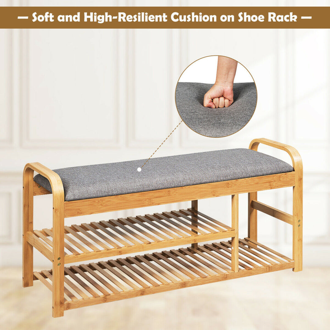 Shoe Rack Entryway 3-Tier Bamboo Shoe Bench Organizer W/Cushion Modern Stool Image 7