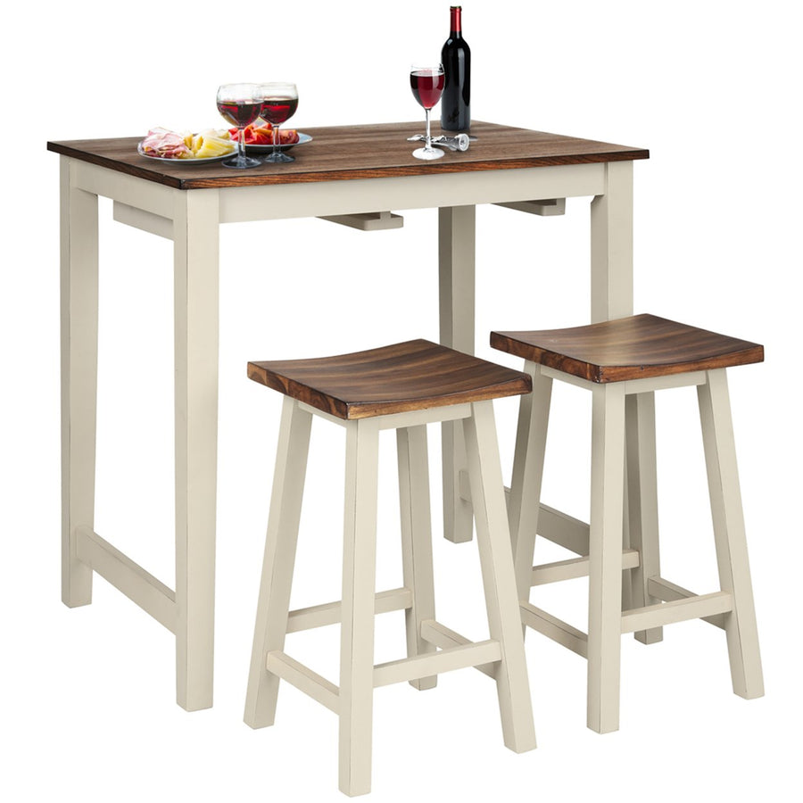 3-Piece Bar Table Set Counter Pub Tableand 2 Saddle Bar Stools w/ Hanging Design Image 1