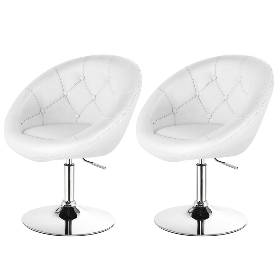 Set of 2 Swivel Bar Stools Height Adjustable Round Tufted Back Bar Chairs White Image 1