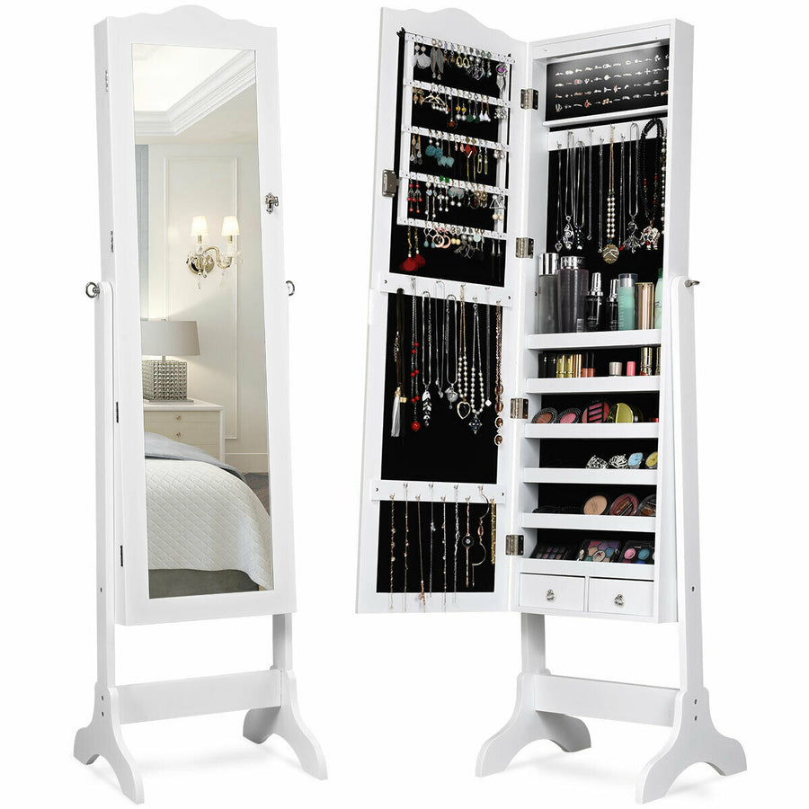 Mirrored Jewelry Cabinet Armoire Storage Organizer w/Drawer and Led Lights White Image 1