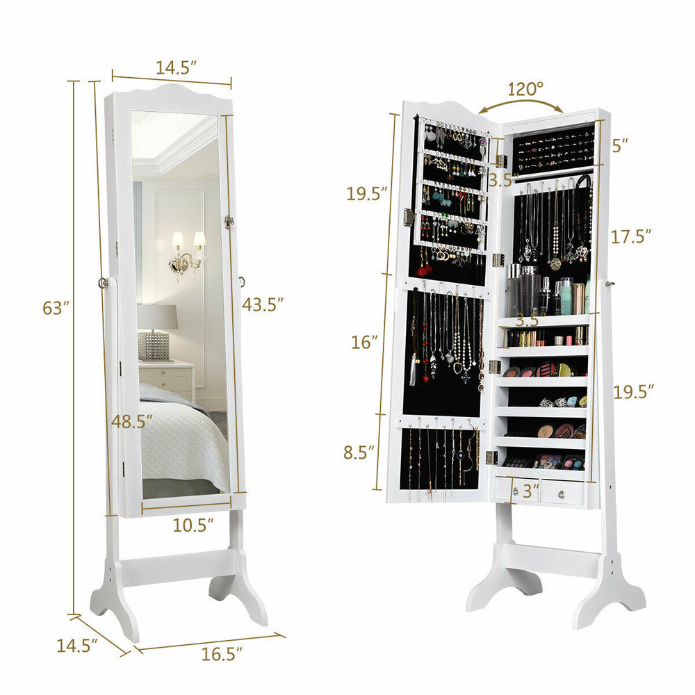 Mirrored Jewelry Cabinet Armoire Storage Organizer w/Drawer and Led Lights White Image 2