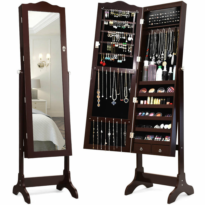 Mirrored Jewelry Cabinet Armoire Storage Organizer w/Drawer and Led Lights Brown Image 1