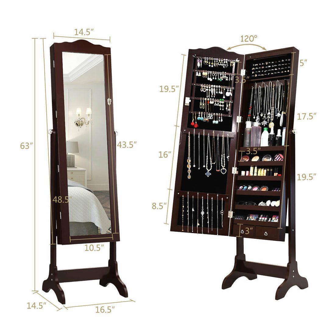 Mirrored Jewelry Cabinet Armoire Storage Organizer w/Drawer and Led Lights Brown Image 2