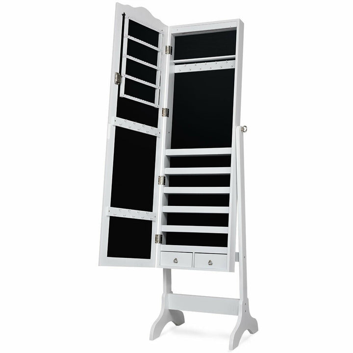 Mirrored Jewelry Cabinet Armoire Storage Organizer w/Drawer and Led Lights White Image 10