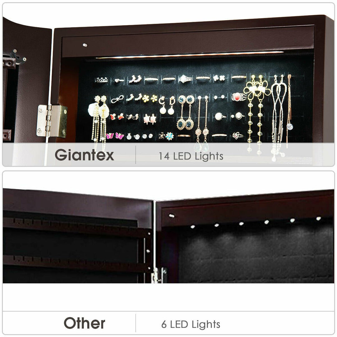 Mirrored Jewelry Cabinet Armoire Storage Organizer w/Drawer and Led Lights Brown Image 9