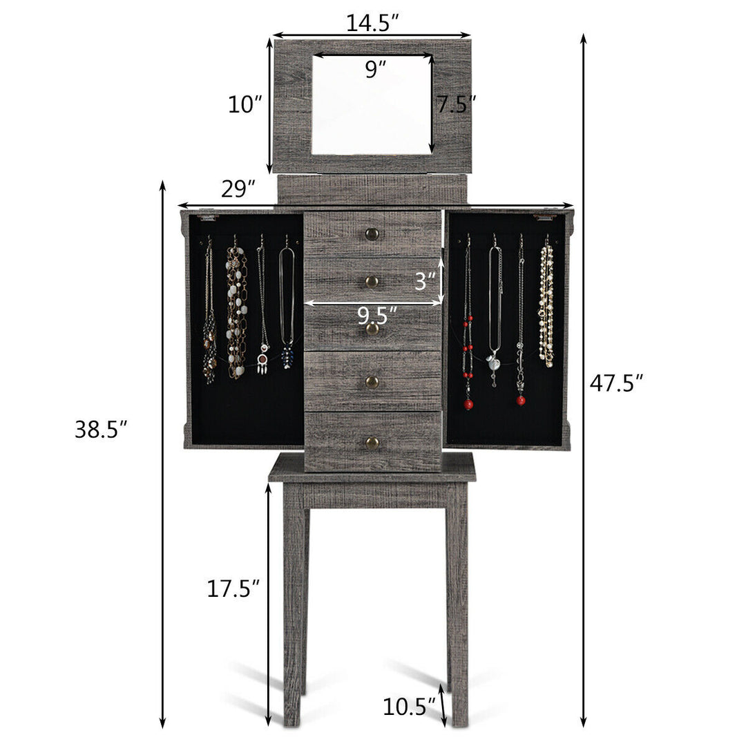 Standing Jewelry Cabinet Storage Organizer Wood Legs Mirrorand5 Drawers Christmas Gift Image 2