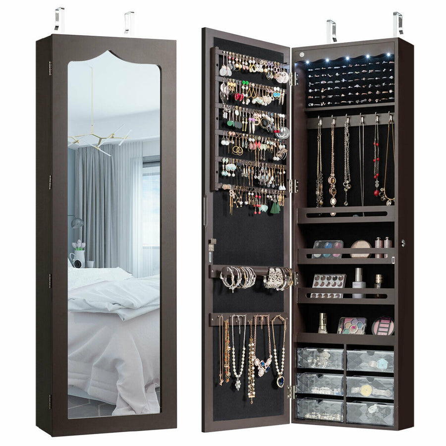 Wall Door Mounted Jewelry Cabinet Organizer LED Mirror Brown Image 1