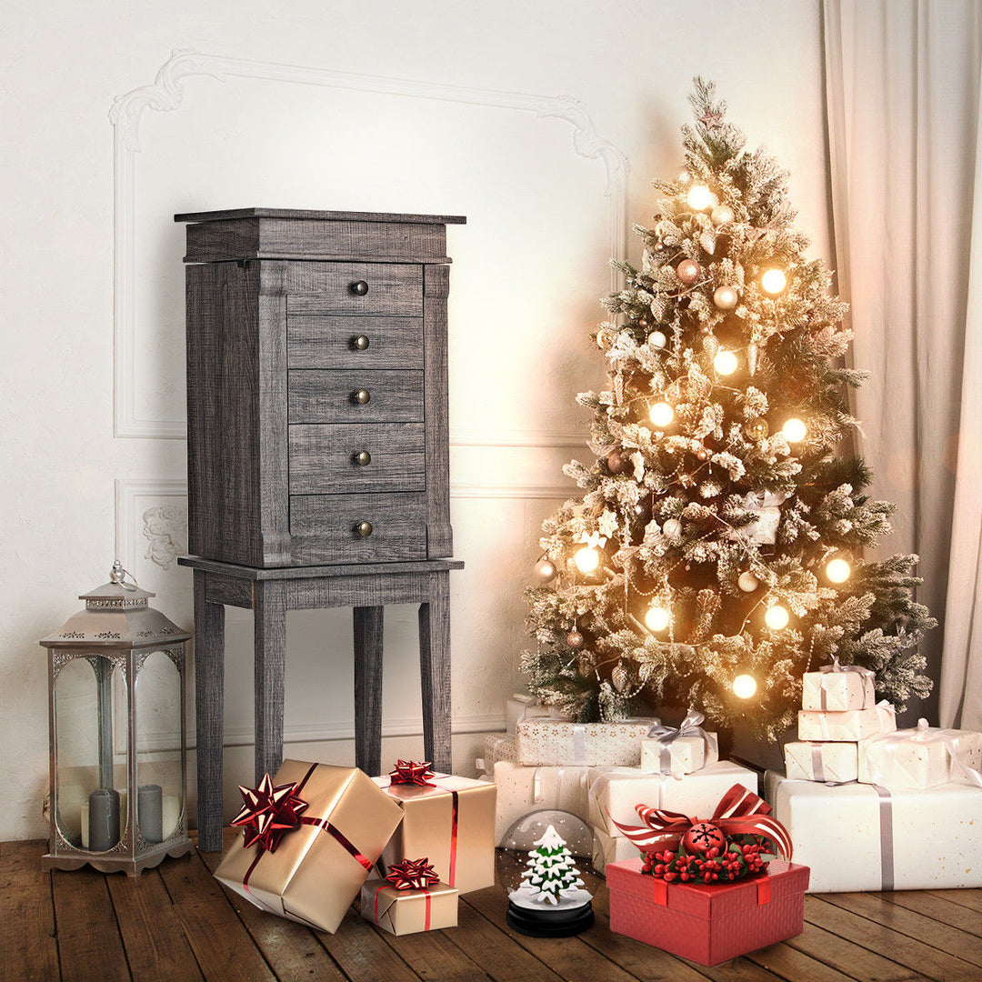 Standing Jewelry Cabinet Storage Organizer Wood Legs Mirrorand5 Drawers Christmas Gift Image 4