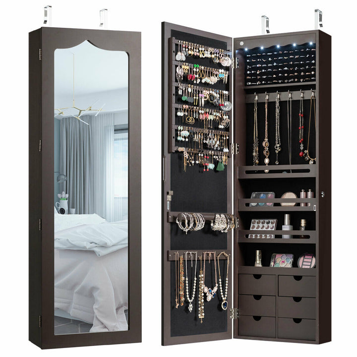 Lockable Wall Door Mounted Jewelry Cabinet LED Mirror Brown Image 1