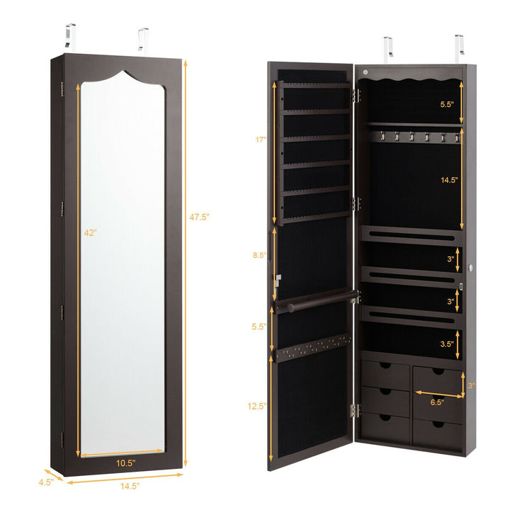 Lockable Wall Door Mounted Jewelry Cabinet LED Mirror Brown Image 2