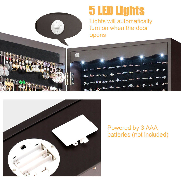 Lockable Wall Door Mounted Jewelry Cabinet LED Mirror Brown Image 9