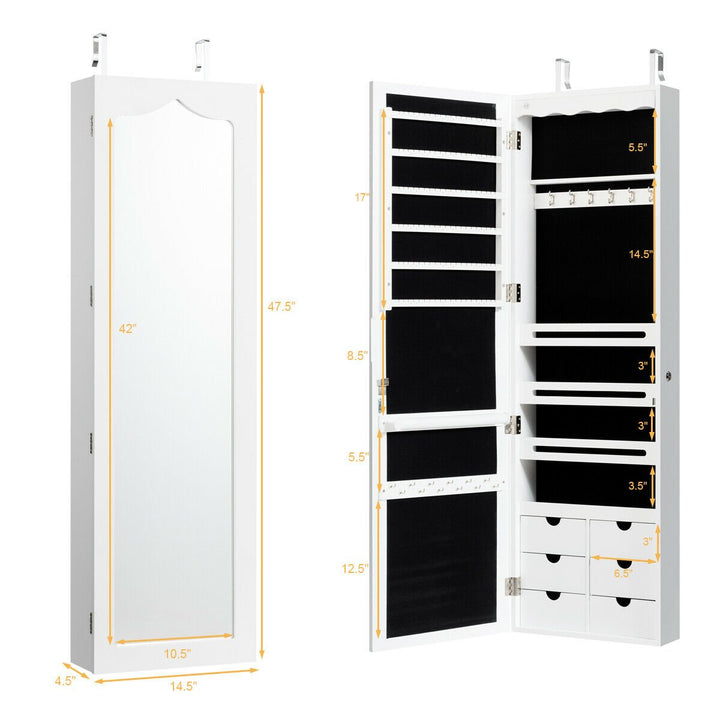 Lockable Wall Door Mounted Jewelry Cabinet LED Mirror White Image 2