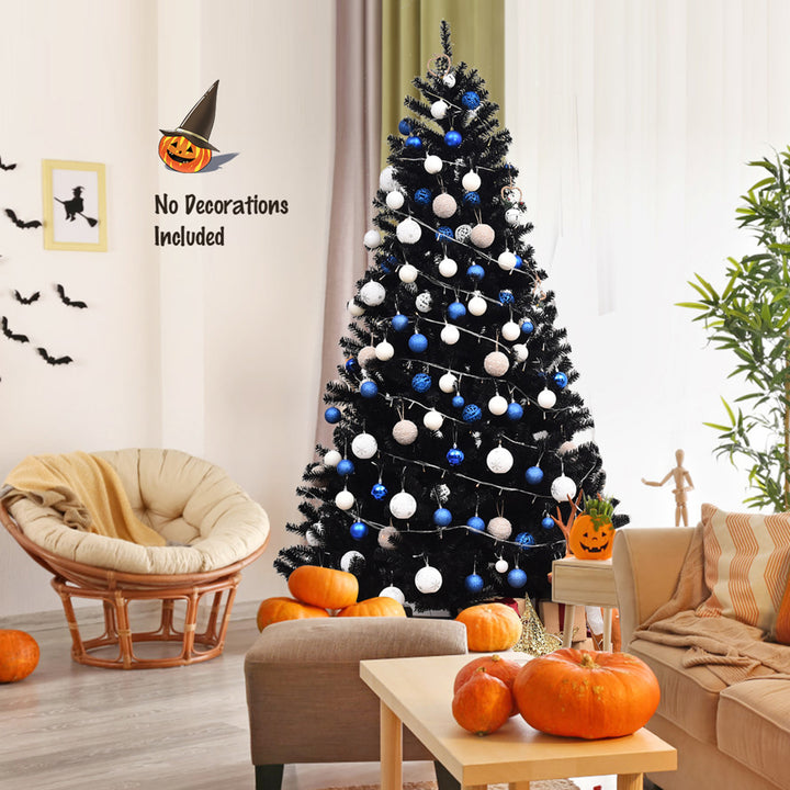 7.5FT Artificial Halloween Christmas Tree Hinged Pine Tree Holiday Decoration Black Image 3