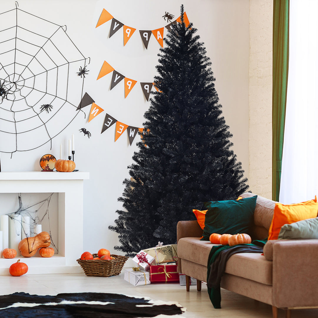 7.5FT Artificial Halloween Christmas Tree Hinged Pine Tree Holiday Decoration Black Image 1