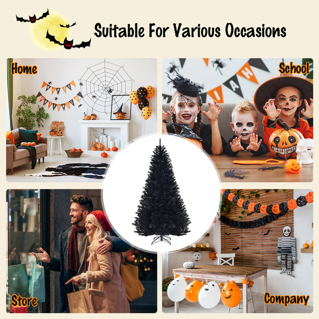 7.5FT Artificial Halloween Christmas Tree Hinged Pine Tree Holiday Decoration Black Image 7