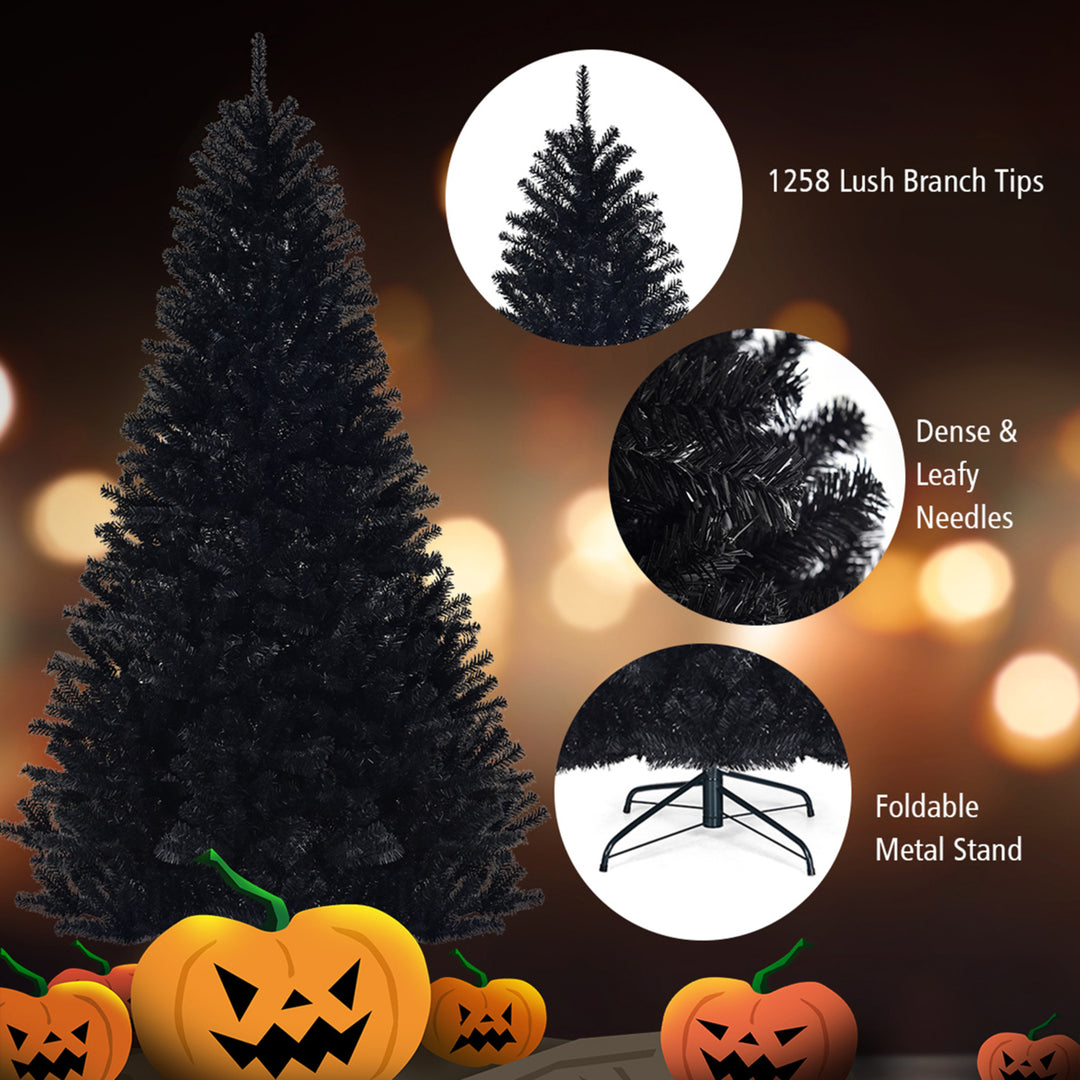 7.5FT Artificial Halloween Christmas Tree Hinged Pine Tree Holiday Decoration Black Image 9