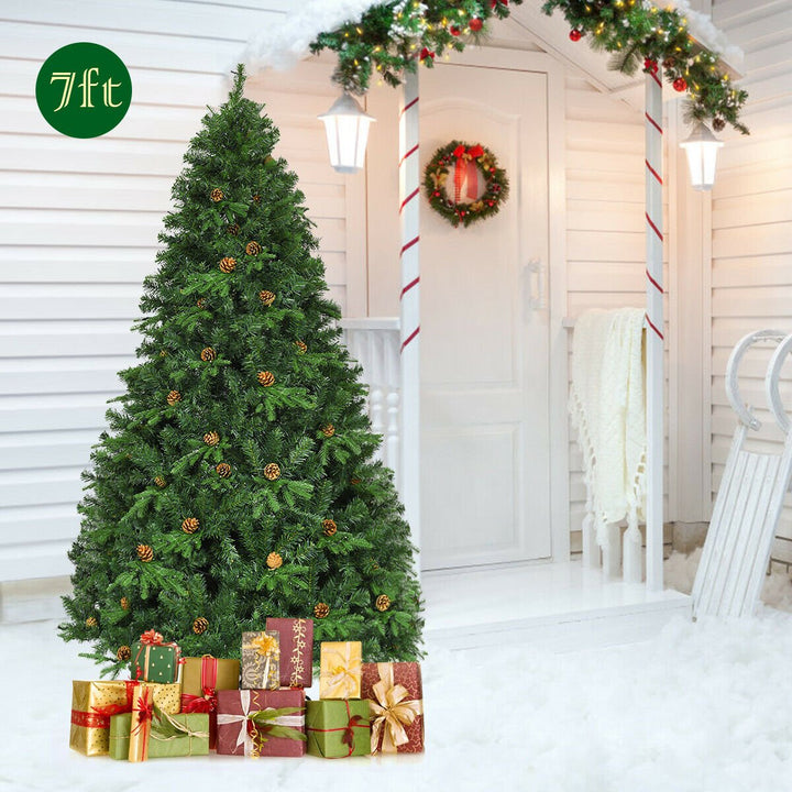 Pre-Lit 7 Premium Spruce Artificial Christmas Tree Hinged 460 LED Lights Pine Cones Image 1