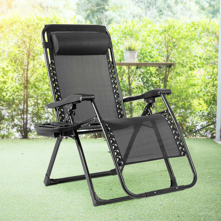 Gymax Folding Zero Gravity Lounge Chair Recliner w/ Cup Holder Tray Pillow Image 1