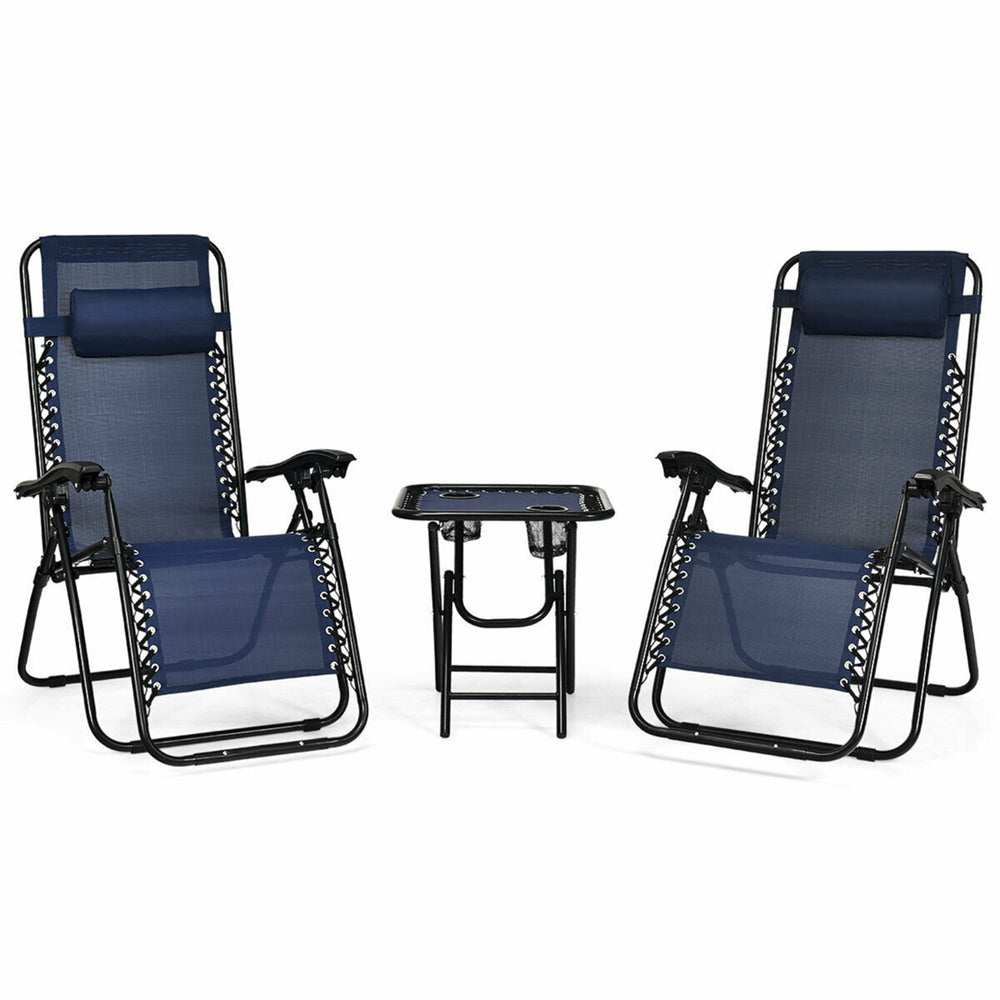 3PCS Zero Gravity Recliner Lounge Chairs Pillows Table Portable Folding Navy Image 2