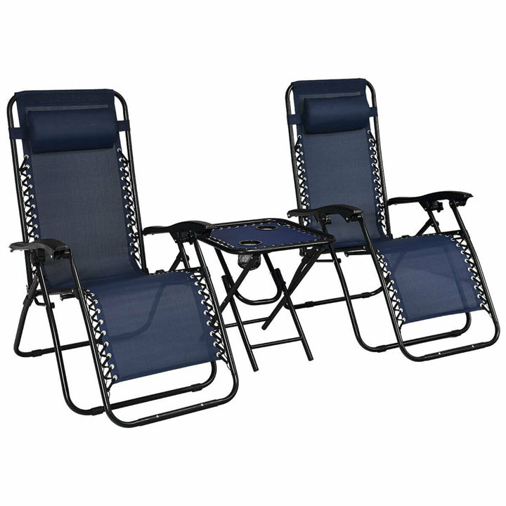 3PCS Zero Gravity Recliner Lounge Chairs Pillows Table Portable Folding Navy Image 5