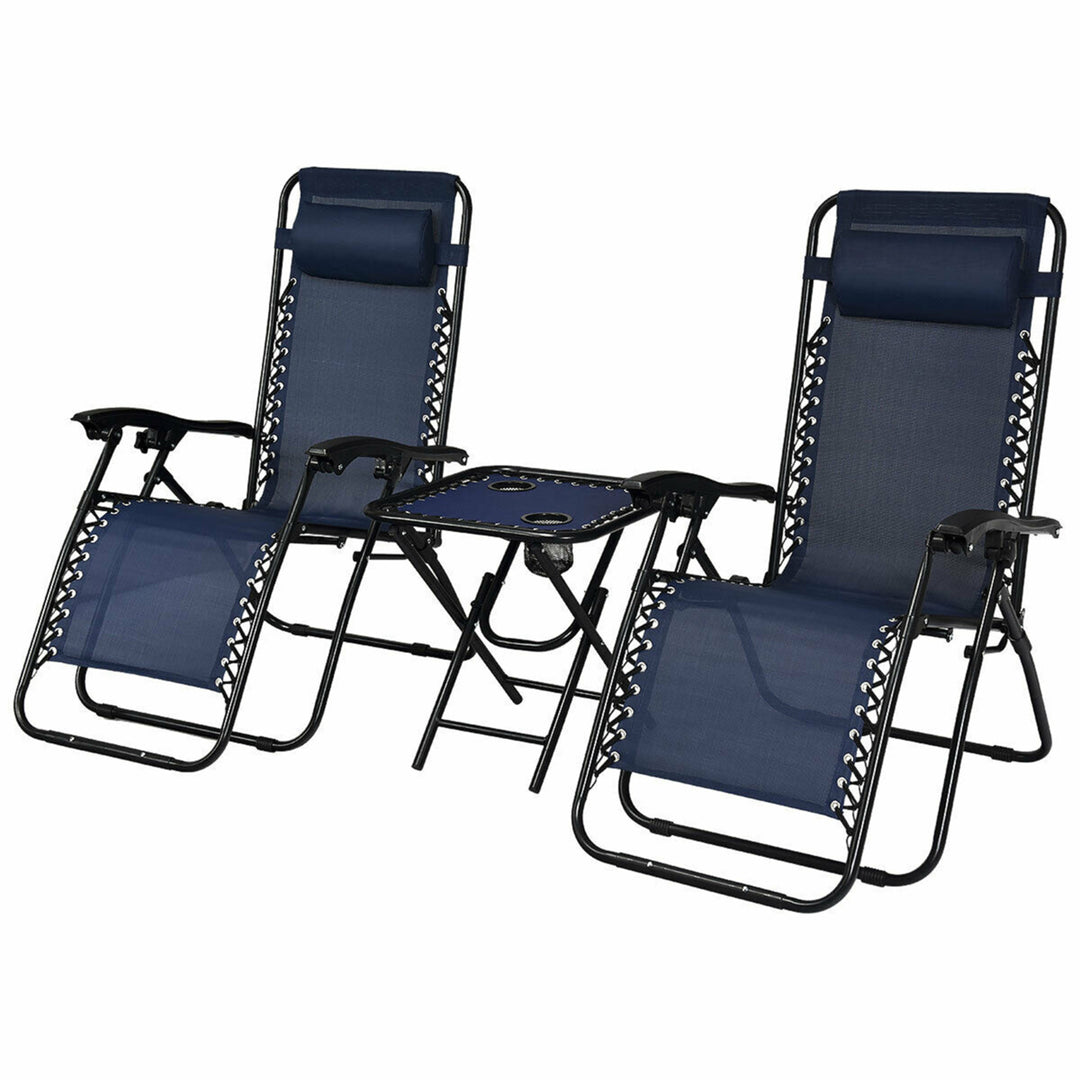 3PCS Zero Gravity Recliner Lounge Chairs Pillows Table Portable Folding Navy Image 6