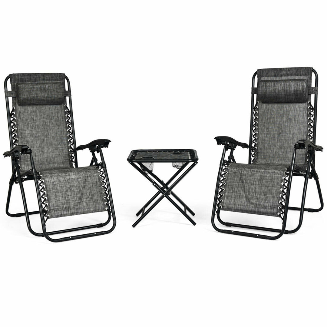 3PCS Zero Gravity Recliner Lounge Chairs Pillows Table Portable Folding Grey Image 2