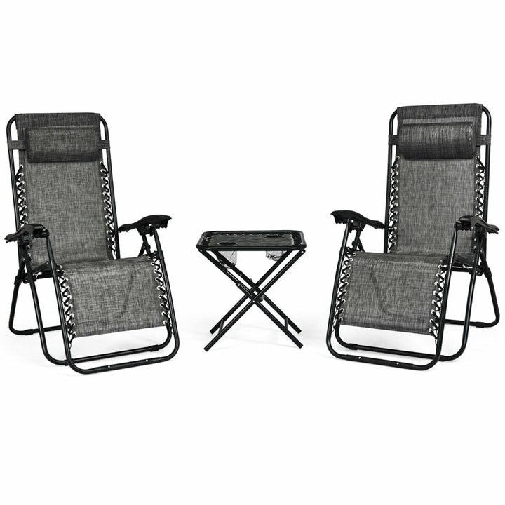 3PCS Zero Gravity Recliner Lounge Chairs Pillows Table Portable Folding Grey Image 2