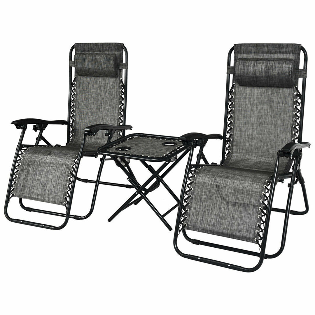 3PCS Zero Gravity Recliner Lounge Chairs Pillows Table Portable Folding Grey Image 4