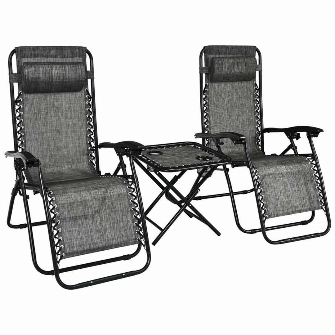 3PCS Zero Gravity Recliner Lounge Chairs Pillows Table Portable Folding Grey Image 5