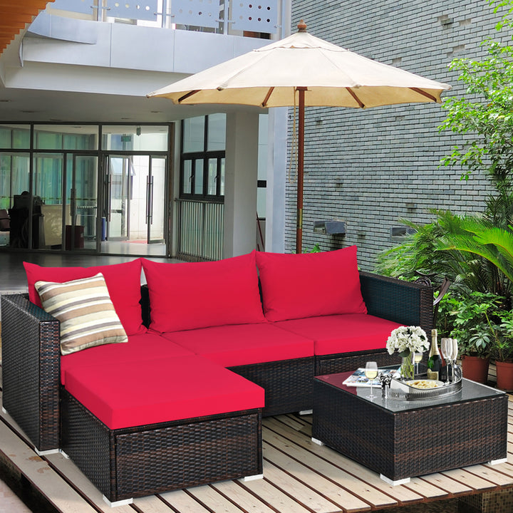 5PCS Cushioned Rattan Patio Conversation Set w/ Ottoman Red Cushion Image 1