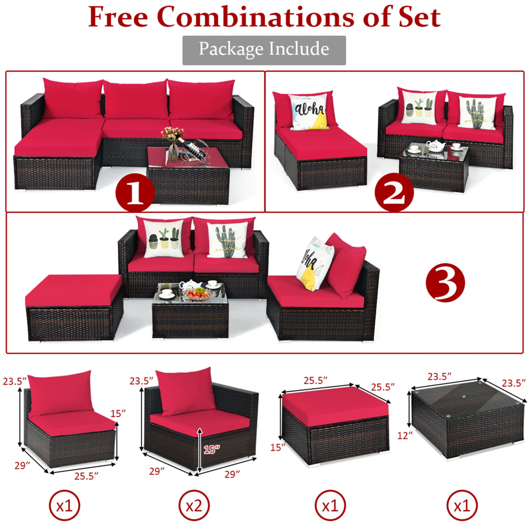 5PCS Cushioned Rattan Patio Conversation Set w/ Ottoman Red Cushion Image 3