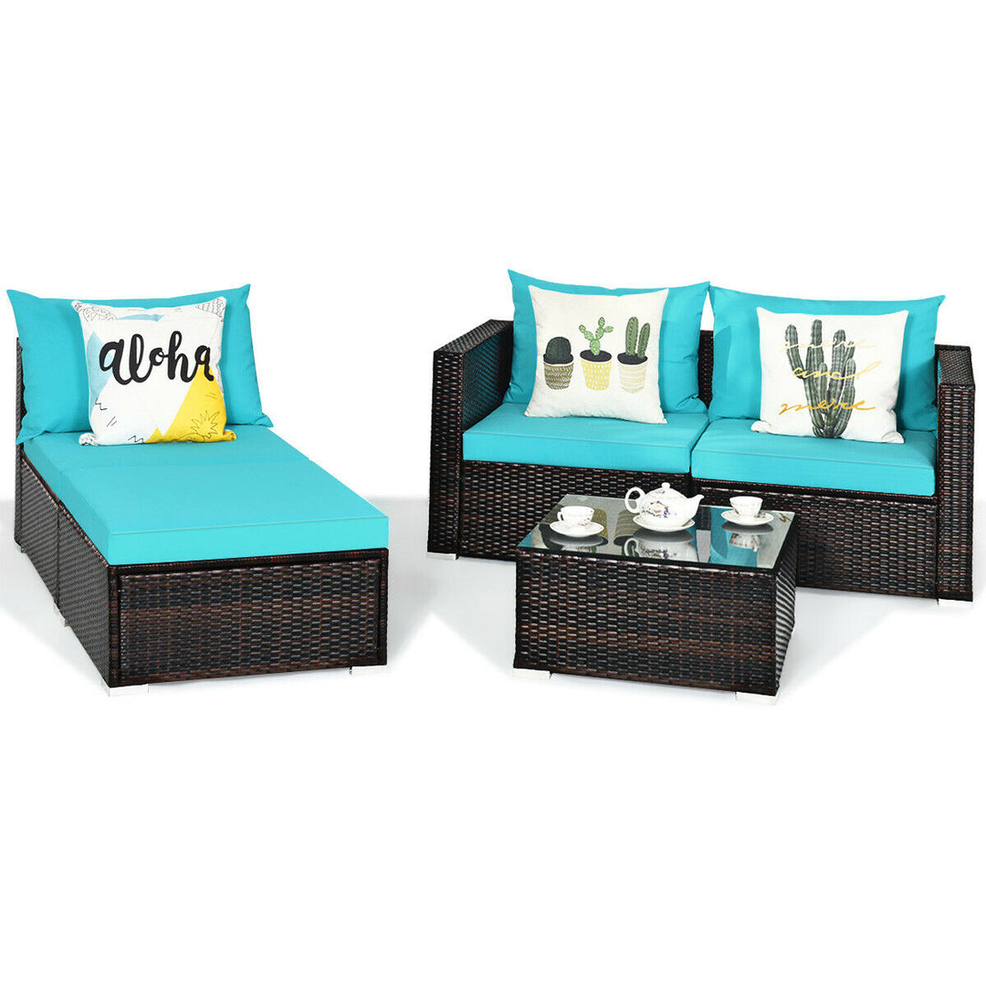 5PCS Cushioned Rattan Patio Conversation Set w/ Coffee Table Ottoman Image 4