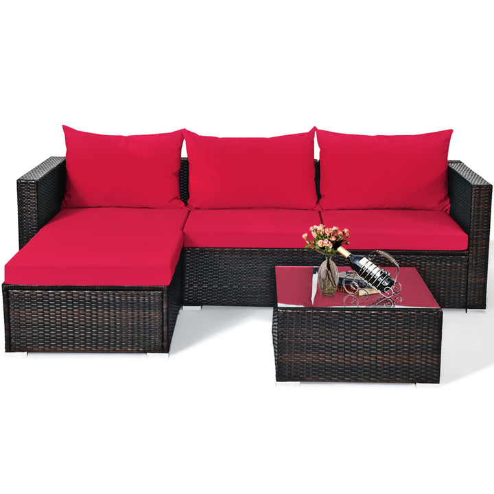 5PCS Cushioned Rattan Patio Conversation Set w/ Ottoman Red Cushion Image 4