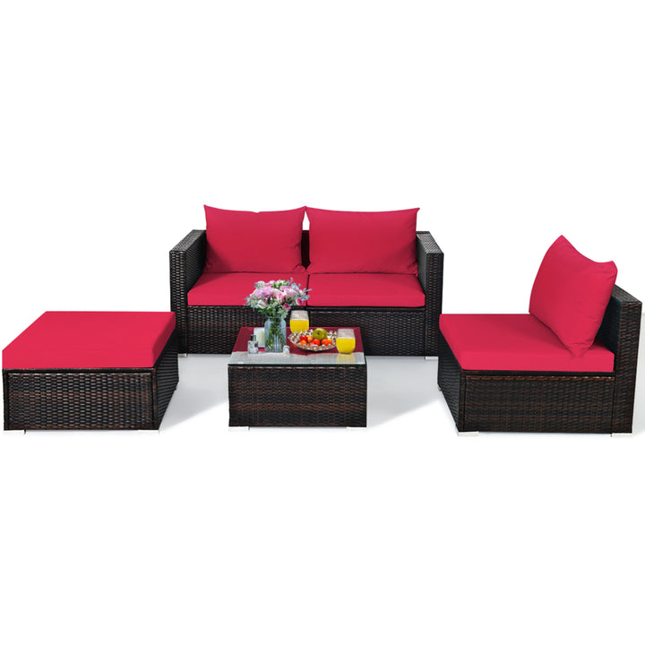 5PCS Cushioned Rattan Patio Conversation Set w/ Ottoman Red Cushion Image 5