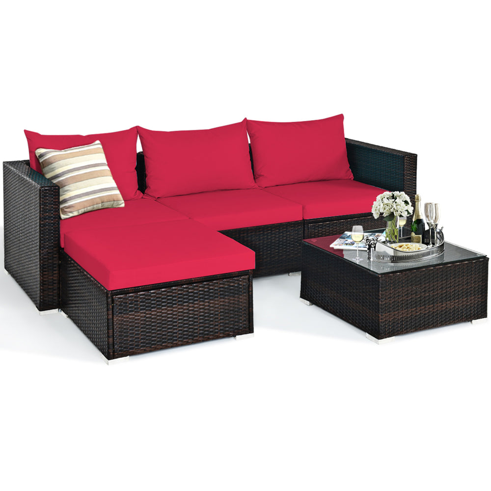 5PCS Cushioned Rattan Patio Conversation Set w/ Ottoman Red Cushion Image 2