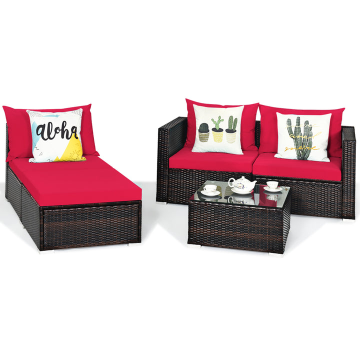 5PCS Cushioned Rattan Patio Conversation Set w/ Ottoman Red Cushion Image 6