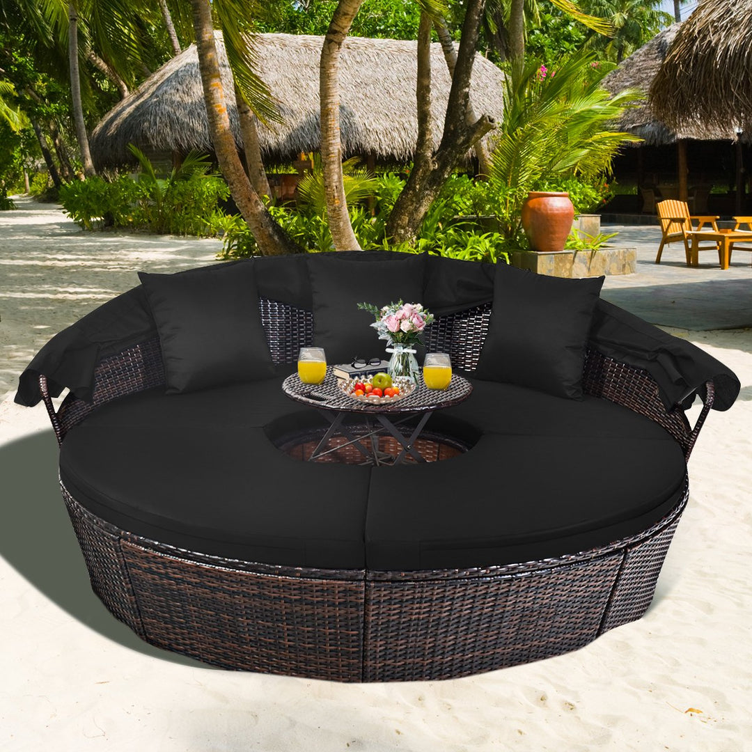 Patio Rattan Daybed Cushioned Sofa Adjustable Table Top Canopy Black Image 5