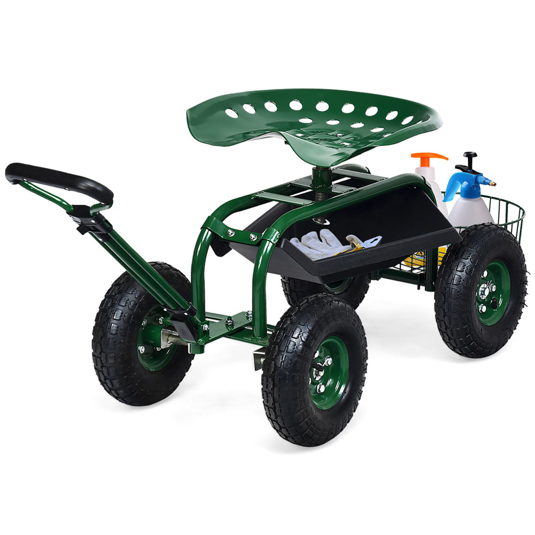 Garden Cart Rolling Work Seat w/Tray Basket E xtendable Handle Green Image 8