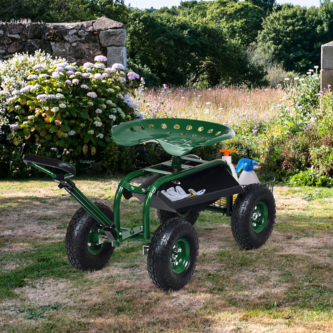 Garden Cart Rolling Work Seat w/Tray Basket E xtendable Handle Green Image 9