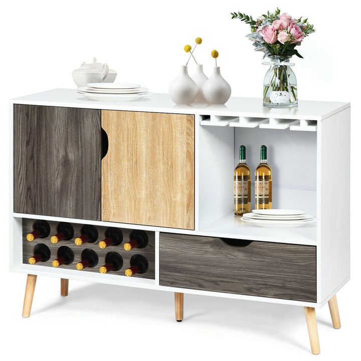 Mid-Century Buffet Sideboard Wooden Storage Cabinet w/ Wine Rack and Glass Holder Image 9