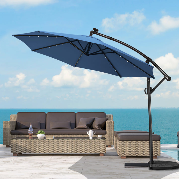 10FT Patio Offset Umbrella Solar Powered LED 360Degree Rotation Aluminum Blue Image 6