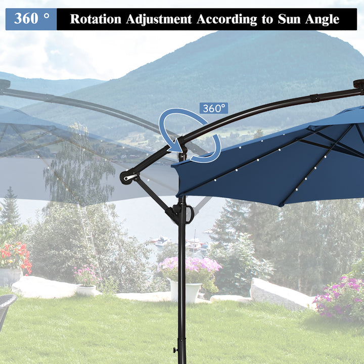 10FT Patio Offset Umbrella Solar Powered LED 360Degree Rotation Aluminum Blue Image 7