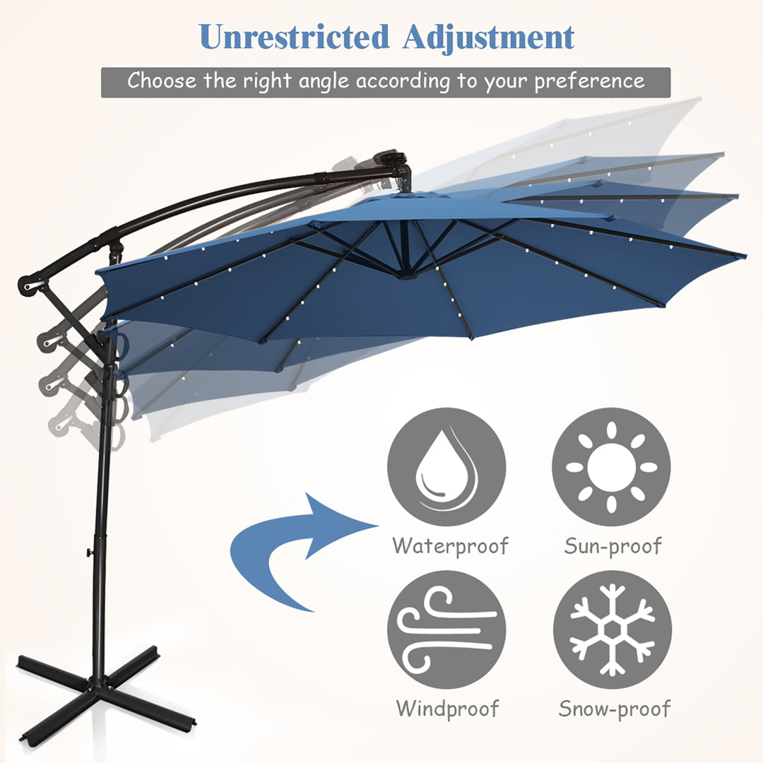 10FT Patio Offset Umbrella Solar Powered LED 360Degree Rotation Aluminum Blue Image 8