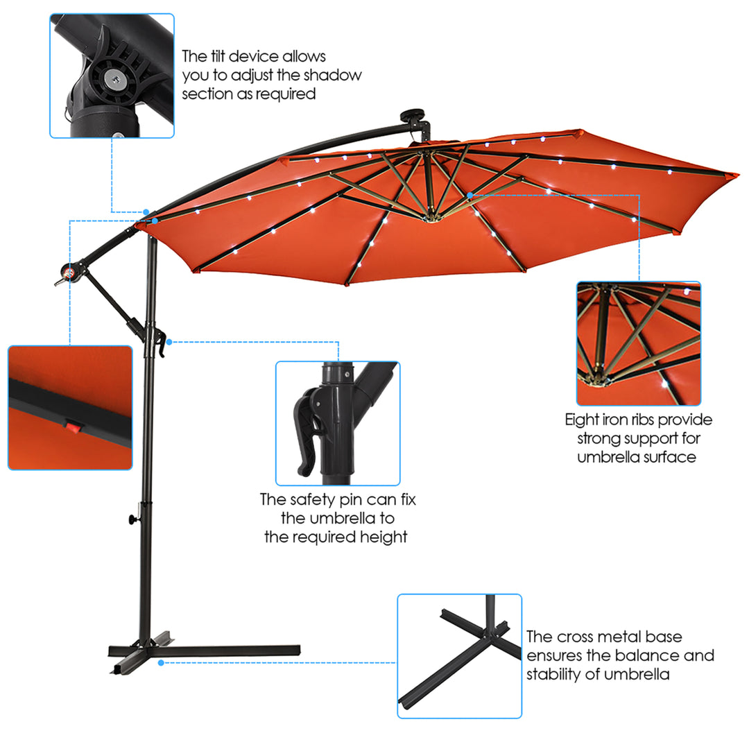 10 Hanging Solar LED Umbrella Patio Sun Shade Offset Market W/Base Orange Image 6