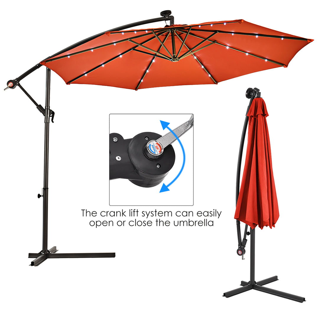 10 Hanging Solar LED Umbrella Patio Sun Shade Offset Market W/Base Orange Image 7