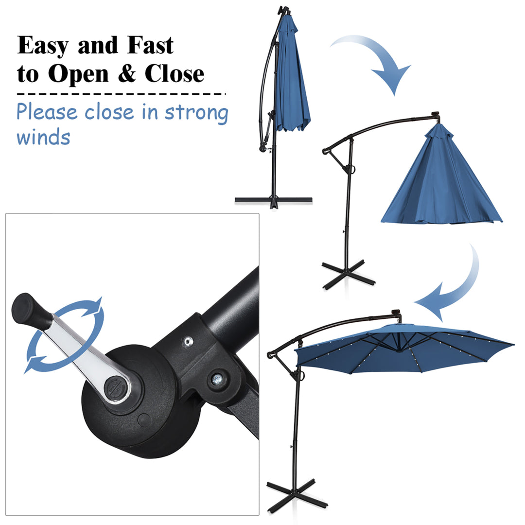 10FT Patio Offset Umbrella Solar Powered LED 360Degree Rotation Aluminum Blue Image 9